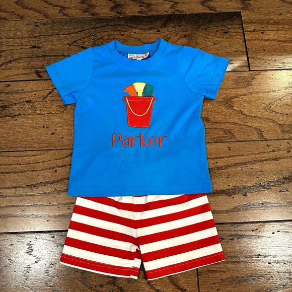 Mud Pie Other - 3T “Parker” Summer Beach Sand Pail Shirt & Red White Stripe Shorts 2 Piece Outfi